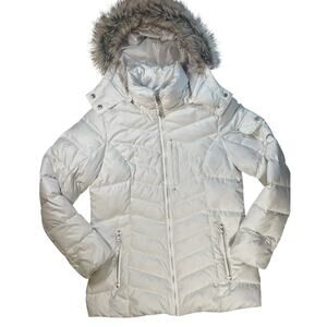 Eddie Bauer White Down Puffer Jacket Faux Fur Hood Women M ski style snow jacket